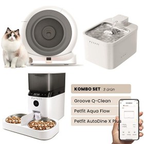 Resim Groove Q-Clean Otomatik Kedi Tuvaleti Gri - Petfit Aqua Flow Akıllı Su Pınarı - Petfit AutoDine X Plus Otomatik Mama Kabı 