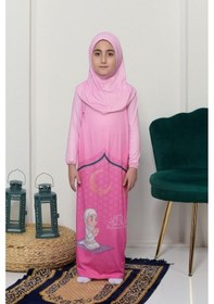 Resim Çocuk Namaz Takımı Pratik Tek Parça Desenli Kollu Tak Çıkar Başörtülü Likralı Tesettür Elbise 6-12 Yaş 925-0201 Çok Renkli 