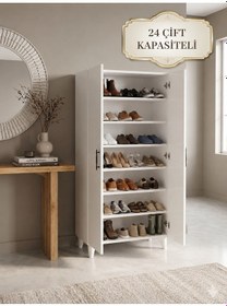Resim Teknor 24 Çift Kapasiteli Modern Kapaklı Ayakkabılık Dolabı Çok Raflı Geniş Depolama Alanlı Beyaz Ayakkabı Dolabı 