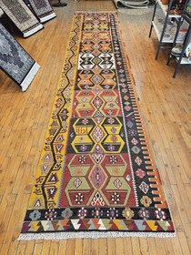 Resim Dated 1977 Vintage Natural Dye Wool, Flat-Woven Kilim Runner 3'3" X 15'4" 