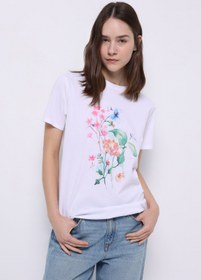 Resim Regular Fit Yuvarlak Yaka Baskılı Kadın Beyaz Kısa Kol Tişört 