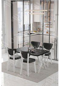 Resim Avvio Beyaz Elma Sandalye 80x120 Yemek Masası Mutfak Masası 4 Kişilik Masa Sandalye Takımı Siyah Mermer 
