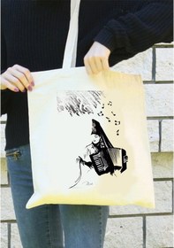 Resim Anahtarlık Sepeti Bez Çanta Akordiyoncu Kadın 