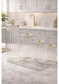 Resim Qerhome 4'lü Borosilikat Cam Optik Çizgili Kristal Gold Kapaklı Kavanoz Seti 630 -800-1100-1500 Ml Şeffaf 