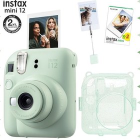 Resim Fujifilm Instax Mini 12 Fotoğraf Makinesi + 20'li Film + Kıskaçlı Resim Standı + Simli Pleksi Kılıf Seti Yeşil 