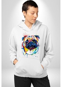 Resim Sulu Boya Pug Köpek Kadın Erkek Beyaz Kapüşonlu Sweatshirt Hoodie Beyaz 