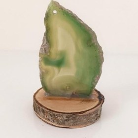 Resim Doğal Taş Plaka Yeşil Akik Ahşap Standlı Dekoratif Obje Biblo Traverten 