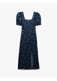 Resim Koton Kısa Balon Kollu Sırtı Bağcıklı Bodycon Çiçekli Yırtmaçlı Midi Elbise Bürümcük Lacivert Desenli 5sal80047ık Lacivert Desenli 