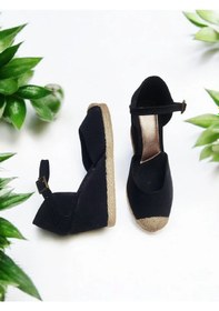 Resim Kadın 7cm Topuk Keten Tokalı Burnu Hasır Espadril Siyah 