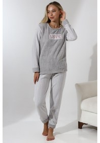 Resim Wordex Fawn 5019 Peluş Welsoft Polar Kışlık Yumoş Kadın Pijama Takımı Love Açık Gri 