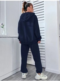 Resim West Coast Eşofman Takım Sweatshirt Jogger - Lacivert Baskılı Oversize Şardonlu Kapüşonlu Lacivert-29462 