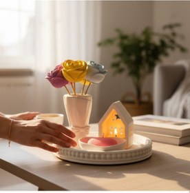 Resim Dekoratif Tepsi Seti Mumluk Ve Çiçek Detaylı Ev Dekoru Beyaz 