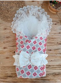 Resim Yenidoğan Kar Tanesi Desenli Dantelli Duvaklı Bebek Battaniyesi Kundak Ekru Çok Renkli 