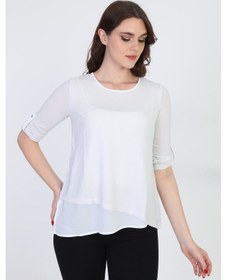 Resim Ella Camelia Kadın Asimetrik Tül Detaylı Bluz 042 Ekru 