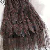 Resim Şık Özel Koleksiyon Asimetrik Katlı File Etek - Lacivert Ekose Siyah Izgara Desenli, %100 Polyester, Bol Kesim A-Kesimi, Her Mevsime Uygun Günlük ve Resmi Giyim için 