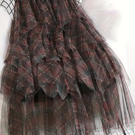 Resim Şık Özel Koleksiyon Asimetrik Katlı File Etek - Lacivert Ekose Siyah Izgara Desenli, %100 Polyester, Bol Kesim A-Kesimi, Her Mevsime Uygun Günlük ve Resmi Giyim için 