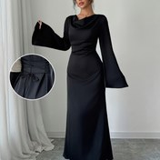 Resim Zarif Siyah Saten Midi Elbise, Ruffle Detaylı, Omuz Dışı Çan Kollar ve Bağlamalı Sırt, Drapelenmiş Yaka Kesimi - Polyester, Her Mevsim Şık Kadın Elbisesi, Zarif Etkinlik Giysisi | Drapelenmiş Yaka Kesimi | Saten Kaplama, Şirin Elbiseler 