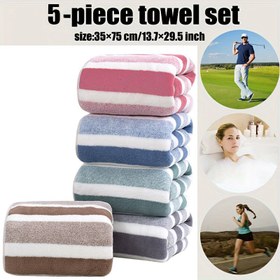 Resim 5 adet Ultra-Yumuşak Hızlı Kuruyan Çizgili Havlu Seti - Yüksek Emici, Dayanıklı Polyester, Hafif ve Çok Yönlü Ev, Spor Salonu ve Spa için | Çok Renkli Ambalaj, Modern Tarz, 100gsm, Banyo Dekoru | Çizgili Desen | Emici Kumaş, Banyo Havluları, Yıkama Bezi 