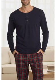 Resim Erkek Ekose Desen %100 Pamuk Mevsimlik Uzun Kol Cepli Pijama Takımı Mini Kare 