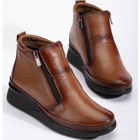 Resim Hakiki Deri Ortopedik Kadın Bot Taba 2 Fermuarlı Dolgu Tabanlı-3296 Taba 