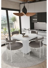 Resim Avvio Savana Beyaz Lake Mdf Ayak 90x90 Yemek Masası Mutfak Masası 4 Kişilik Masa Takımı Teddy Sandalye Beyaz 