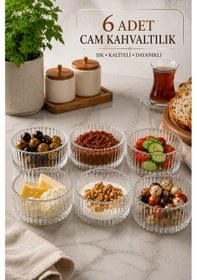 Resim 6 Adet Cam Çerezlik Seti Modern Çizgili Tatlı Kahvaltılık Sunum Kaseleri 10 Cm Şeffaf 