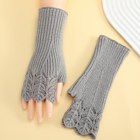 Resim 1 Çift Preppy Stil Kadın Parmaksız Eldiven - Akrilik Örgü Balık Pul Desenli, Günlük Hafta Sonu İçin Elastik Sıcak Kol Isıtıcıları, Dekoratif Yarım Parmak Açık Hava Eldivenleri, %100 Akrilik, Düz Renk 