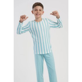 Resim Obje Erkek Çocuk Mavi Çizgili Marla Pijama Üstü 