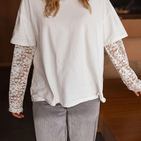 Resim Kadınlar için Rahat Şık Dantel Detaylı Uzun Kollu T-Shirt - Yuvarlak Yaka, Bol Kesim, Düz Renk, Günlük Kıyafetler İçin Mükemmel 
