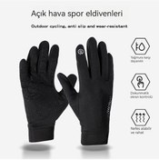 Resim Açık Bisiklet Eldivenleri Spor Rüzgar Geçirmez Su Geçirmez Artı Kadife Dokunmatik Ekran Sıcak Eldiven Kum - Siyah 