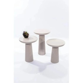 Resim Simillo Home & Living Wood Wooden 3’Lü Set Fitilli Mantar Yan Sehpa Modern Beyaz Renk Fiskos 