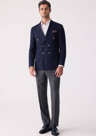 Resim Ysf Erkek Lacivert Regular Fit Yün Puntolu Kruvaze Blazer Ceket 