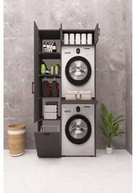 Resim Mdf Çamaşır Makinesi Ve Kurutma Makinesi Dolabı Sepetli Antrasit 