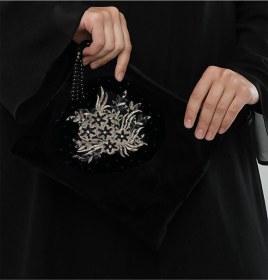 Resim Elysianfidan Portföy Özel Tasarım El Işlemeli Kadife Siyah Bayan Çantası Siyah-kopma Swarovski 