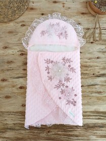 Resim %100 Pamuk Yenidoğan Pembe Kız Bebek Kundağı - Dantelli & Duvaklı Bebek Battaniyesi Pembe 