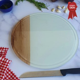 Resim Decorita Kanallı Cam Kesme Tahtası - Cam Kesme Tablası | Kenarı Ahşap Desenli | Çap32cm | Patentli Ürün 