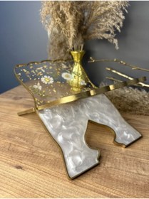 Resim Sultan Tasarım Masa Üstü Özel Tasarım Gerçek Kurutulmuş Papatyalı Altın Varaklı Epoksi Kuranı Kerim Rahlesi 