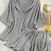 Resim Büyük Beden Moda Rahat Düz Renk Kapüşonlu Sweatshirt ve Bağcıklı Şort Takımı, Rahat Kesim, V-Yaka, Uzun Kollu, Polyester Karışımı, Bahar/Yaz/Sonbahar İçin Mükemmel, Rahat Giyim|V-Yaka Kapüşonlu Sweatshirt|Polyester Karışımı, Büyük Beden Sweatshirt 