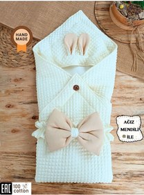 Resim Ekru & Tavşan Kulaklı Bebek Battaniyesi - %100 Pamuklu Mevsimlik Bebek Kundağı Ekru 