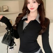 Resim Kadınlar için Dar Kesim Uzun Kollu T-Shirt - İki Tonlu Renk Blok Tasarımı ile Kontrast Yaka ve Düğme Detayı, H-Şekilli Rahat Üst, Bahar/Sonbahar için, Çok Yönlü Katlama Esansiyeli, Bahar Sonbahar Giyim, Şık Uyumlu Tee, Pürüzsüz Dokuma, Sonbahar Gardırop, Modern Moda, Hafif Malzeme, Şık Bluz, Trendy Kıyafetler, Sonbahar Modası, Dar Kesim, Nefes Alabilen Malzeme, Düğme Detaylı Bluz, Ofis Giyim 