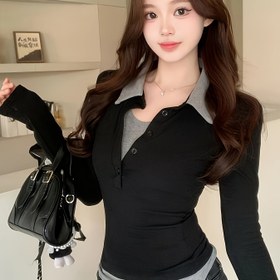 Resim Kadınlar için Dar Kesim Uzun Kollu T-Shirt - İki Tonlu Renk Blok Tasarımı ile Kontrast Yaka ve Düğme Detayı, H-Şekilli Rahat Üst, Bahar/Sonbahar için, Çok Yönlü Katlama Esansiyeli, Bahar Sonbahar Giyim, Şık Uyumlu Tee, Pürüzsüz Dokuma, Sonbahar Gardırop, Modern Moda, Hafif Malzeme, Şık Bluz, Trendy Kıyafetler, Sonbahar Modası, Dar Kesim, Nefes Alabilen Malzeme, Düğme Detaylı Bluz, Ofis Giyim 