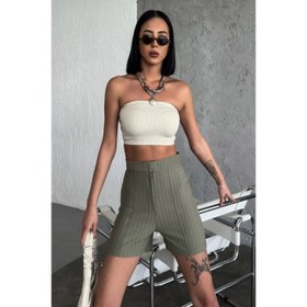 Resim Zarif Ve Şıklığı Bir Arada Sunan Yüksek Bel Krep Esnek Çimalı Çizgili Şort Haki 