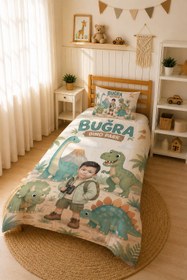 Resim Evmila Karikatüristik Dinozor Temalı Nevresim Takımı - 100x150 cm Nevresim ( Bebek Boy Özelleştirilmiş ) + 35x45 cm Yastık Kılıfı 