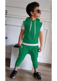 Resim Riccotarz Erkek Çocuk Kapüşonlu Şerit Detaylı Kat Şerit Detaylı Sweatshirt Lastikli Yeşil Eşofman Buz Mavi 