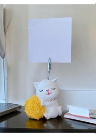 Resim Sarı Yumak Tutan Oturan Kawaii Kedi Temalı Not Tutacağı Fotoğraf Tutacak Tutucu Ofis Seti Hediyelik Sarı 