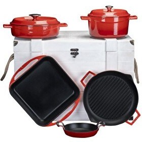 Resim Lava Döküm Beyaz Ahşap Sandık Hediyeli Kırmızı Çeyiz Seti LV S ET CYZ R-W 