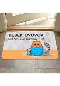 Resim Bebek Uyuyor Lütfen Zile Basmayın Yazılır Dekoratif Dış Kapı Önü Ve Iç Mekan Paspası Yıkanabilir Bej 