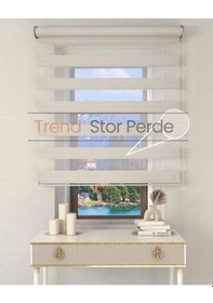 Resim Geniş Plise Beyaz Etek Dilimsiz Zebra Stor Güneşlik Perde Ekru 