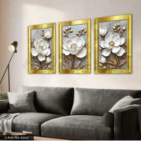 Resim Evinemoda Gold Yapraklı Beyaz Çiçek 3 Parça Pleksi Aynalı Tablo 