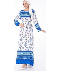 Resim Düz Bisiklet Yaka Kadın Mavi Etnik Desenli Elbise Mavi 